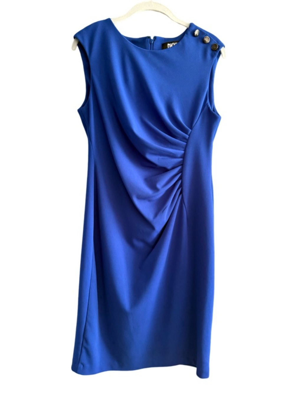 DKNY Sleeveless Dress Ruched Front Button Shoulder Detail Blue Size 10
